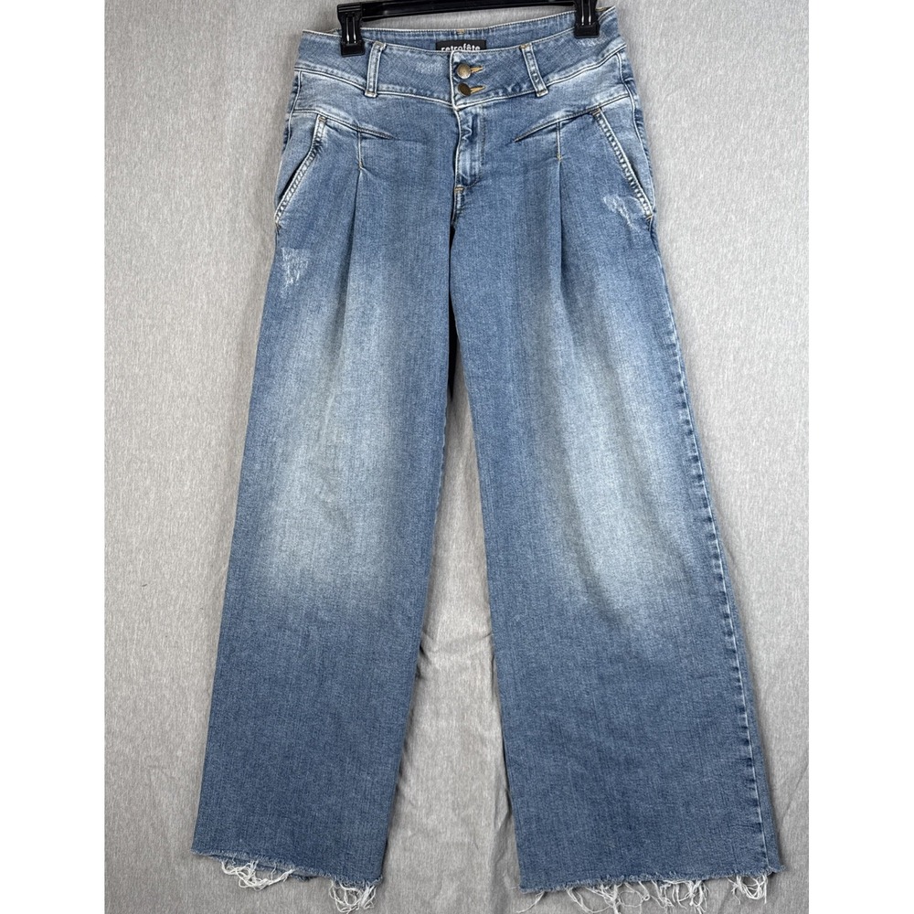 Retro Wide Leg Flare Raw Hem Italian Jeans Women Blue Sz 27 Y2K Boho Retrofete